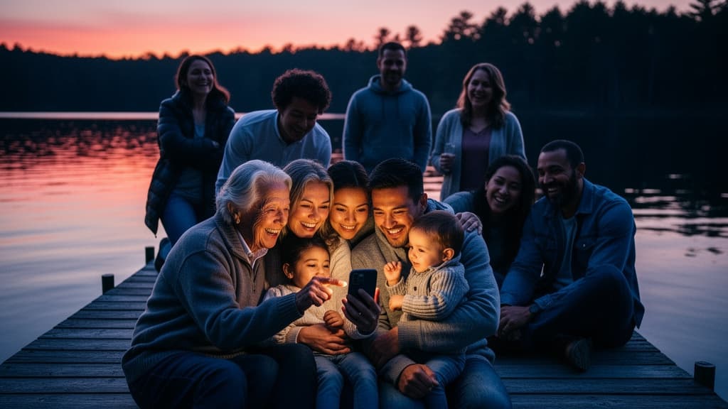 A multigenerational family sharing photos together on a dock at sunset