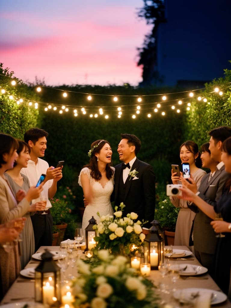 A newlywed couple laughing with loved ones at an intimate outdoor wedding