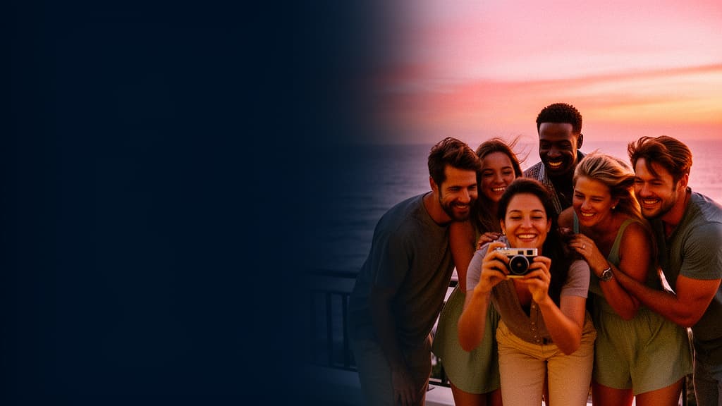 Friends gathered together with a camera on a coastal getaway at sunset