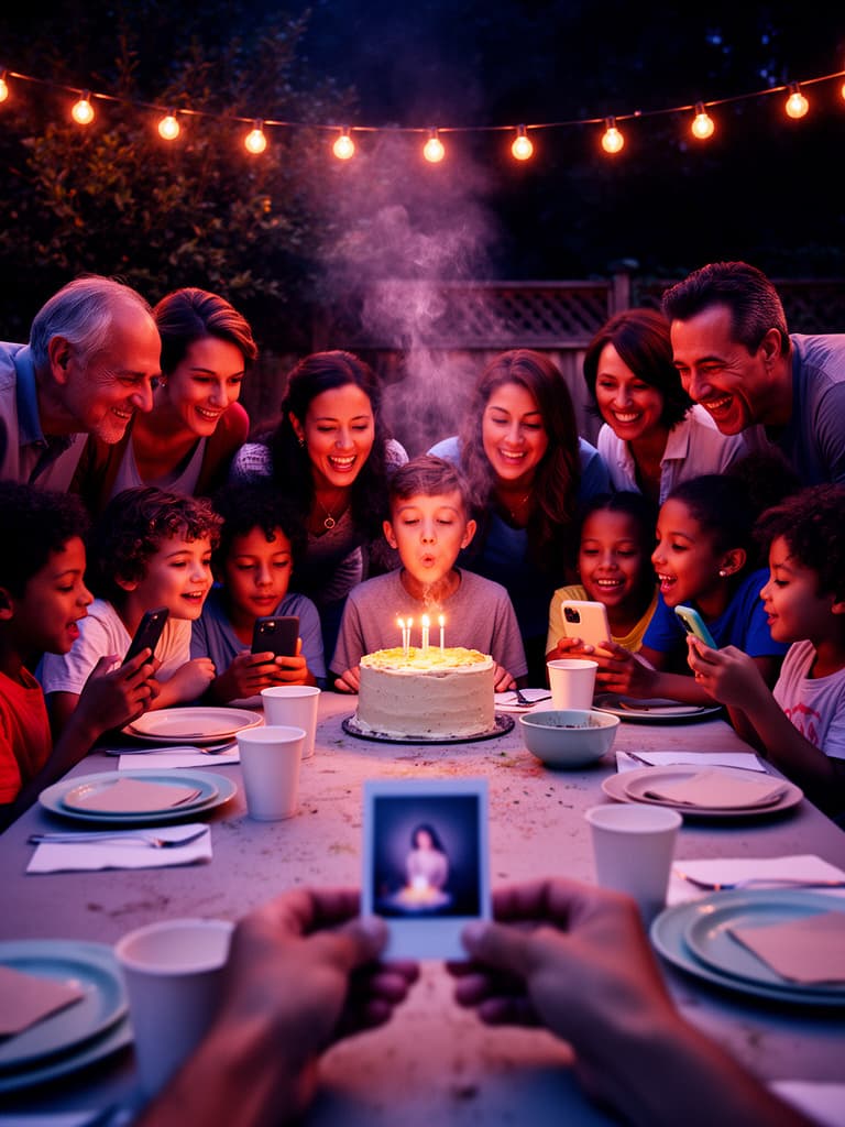Children and family celebrating a birthday around a candlelit cake